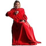 CelinaTex TV-Decke mit Ärmeln und Fußtasche Flauschige Kuscheldecke XL 170 x 200 cm rot Mikrofaser Fleece Soft Oeko-TEX